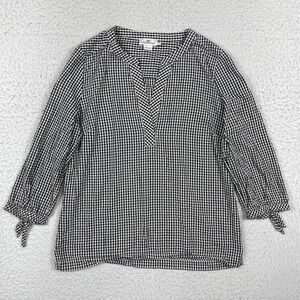 Vineyard Vines Popover Blouse Womens M Black Gingham Tie Cuff Preppy Coastal